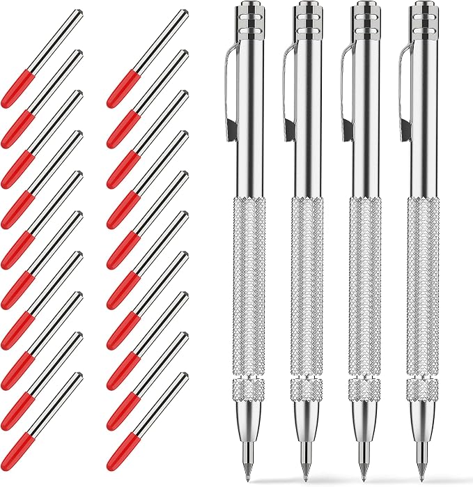 Glieskir 4 Pack Tungsten Carbide Scriber Tool Set with Magnet - Professional Metal Engraving Pen, Extra 20 Carbide Replacement Tips - Ultimate Scribing Tools for Glass/Ceramics/Sheet Metal Marking