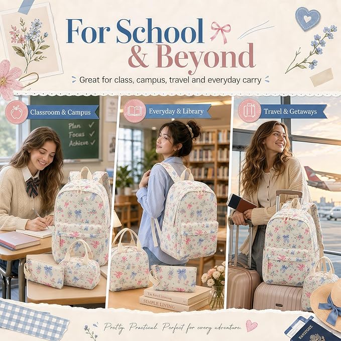 Bluboon School Backpack Set Girls Womens Laptop Bookbag Casual Daypack Fits 15 inch Laptop with Lunch Tote Bag and Pencil Bag