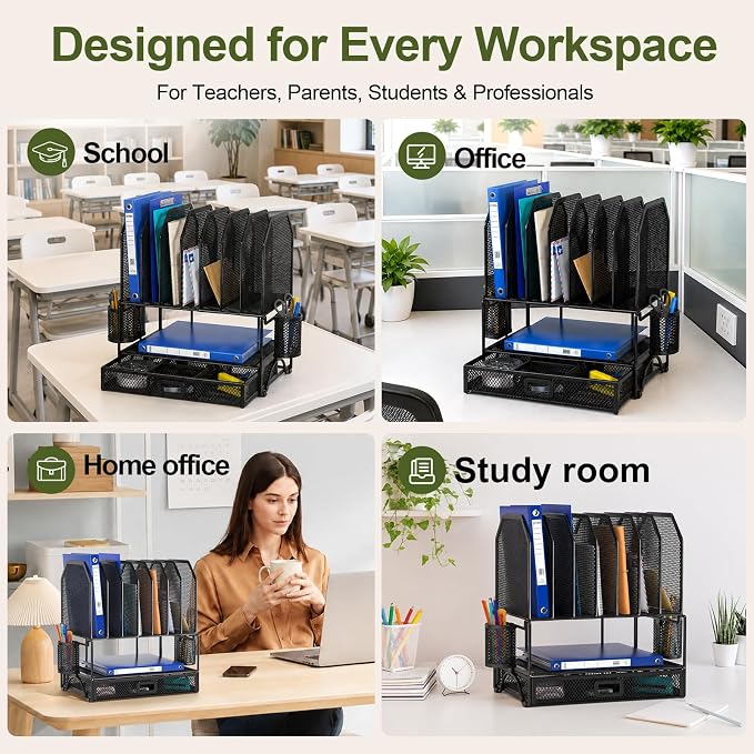 FANXIYQ Metal Desk Organizer with Sliding Drawer, 7-Section File Organizer for Desk, Desktop File Folder & Paper Organizer with 2 Hanging Pen Holders, Office Supplies Organizer, Black
