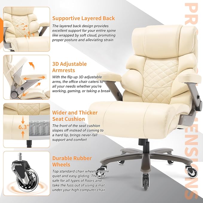 VUZI 700lbs Big and Tall Office Chair, Large Executive Leather Desk Chair | Adjustable Lumbar Support for Back Pain, Plus Size Wheels, 3D Flip Arms, Heavy Duty Metal Base, Wide Seat Computer Chair