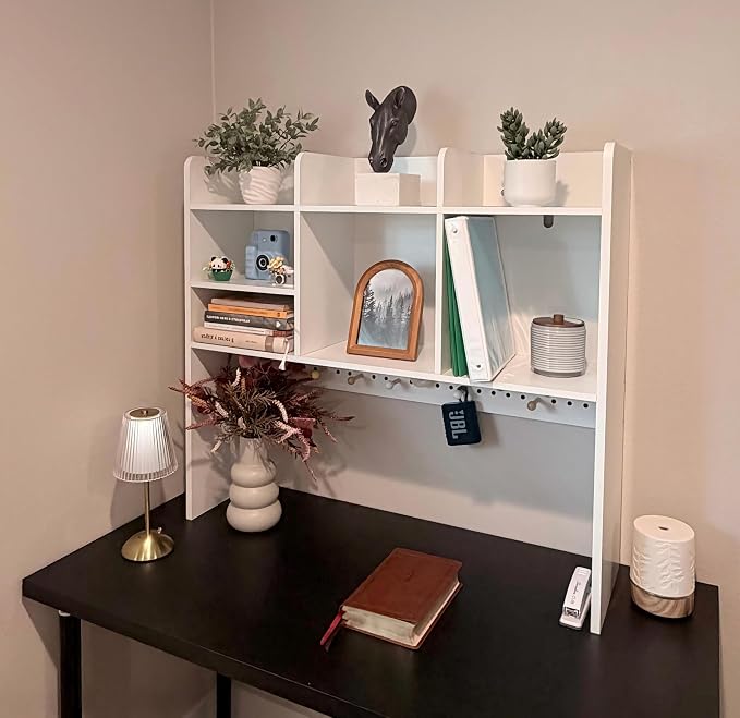 OOOK 35.8" L White Desk Hutch with Pegboard, Dorm Desk Organizer | Multipurpose Desktop Bookshelf for Dorm Office Home, 3-Tier Wooden Display Rack for Computer Desk