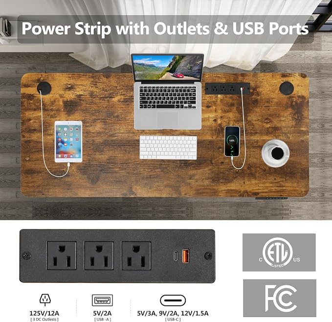70'' x 27'' Electric Standing Desk Adjustable Height with Charging Station, Wheels, 2 USB Ports, 3 Power Outlets, 27''-46'' Lifting Range Stand up Desk for Home Office(Brown)