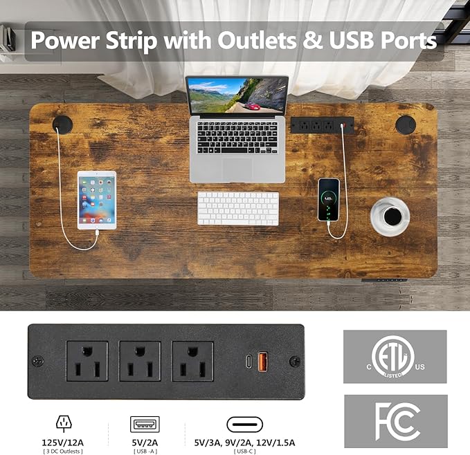 farexon 55 x 24 Electric Standing Desk Adjustable Height with Charging Station, Stand up Desk with Wheels,Outlets, Mouse Pad, Preset Heights Home Office Gaming Computer Workstations Table（Brown）