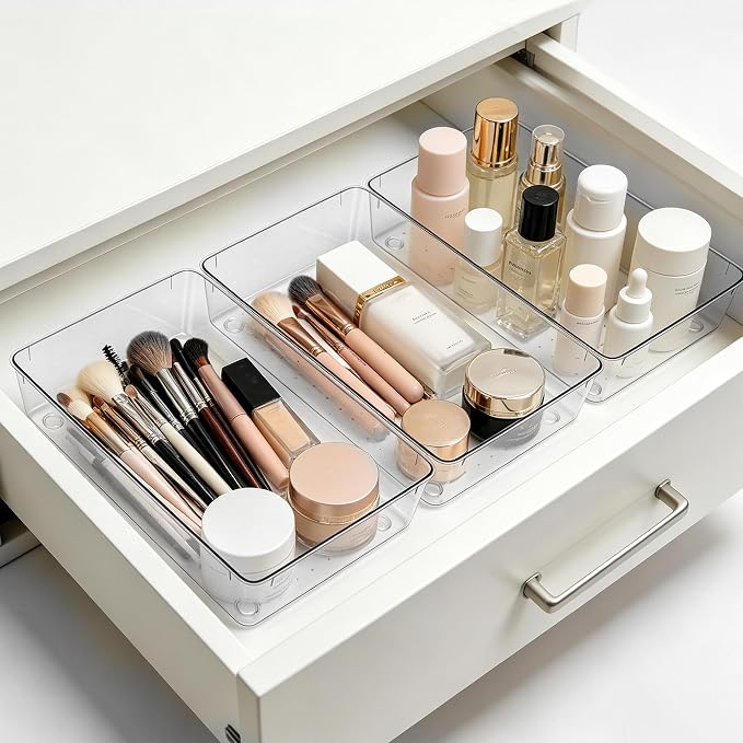 14Pack Desk Clear Drawer Organizers 6"*9" | makeup acrylic drawer trays for vanity, bathroom, office, nightstand, junk, kitchen, Versatile plastic divider storage bins