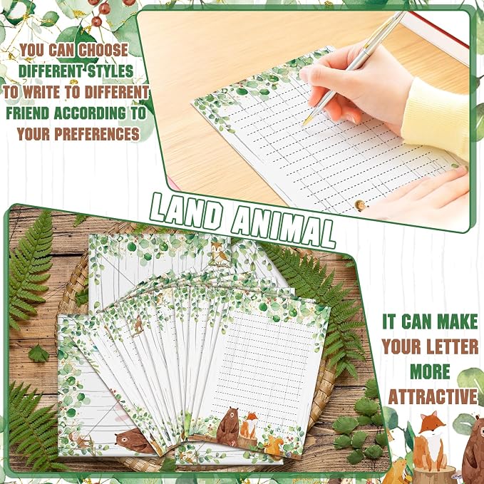 TaoBary 160Pcs Stationery Paper Set 50 Double Sided Stationery Papers with 50 Matching Envelopes and 60 Round Dot Sticker, 10Design (Woodland Animal,5.5 x 8.25 Inch)