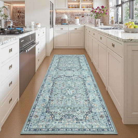 Vasofe 2x6 Area Rug for Bedroom, Ruuner Rugs for Entryway, Kitchen, Hallway, Non-Slip Washable Carpet Soft Low Pile Vintage Floral Blue Mat Front Door Mats for Indoor Laundry Bathroom