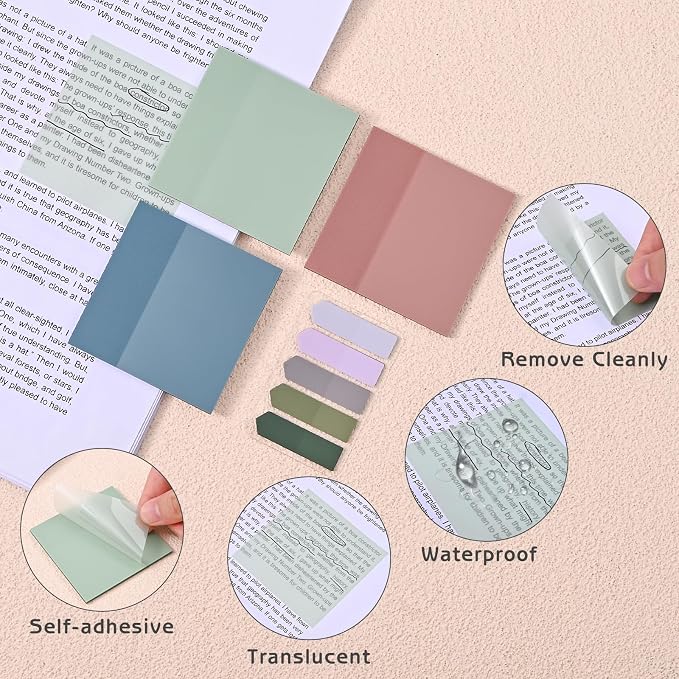 1450 Sheets Transparent Sticky Notes, 3 x 3 inch Aesthetic Clear Lined Sticky Notes with Pen, Gradient Color Waterproof Self-Adhesive Annotation Tabs for Bible Journaling (Green Series)