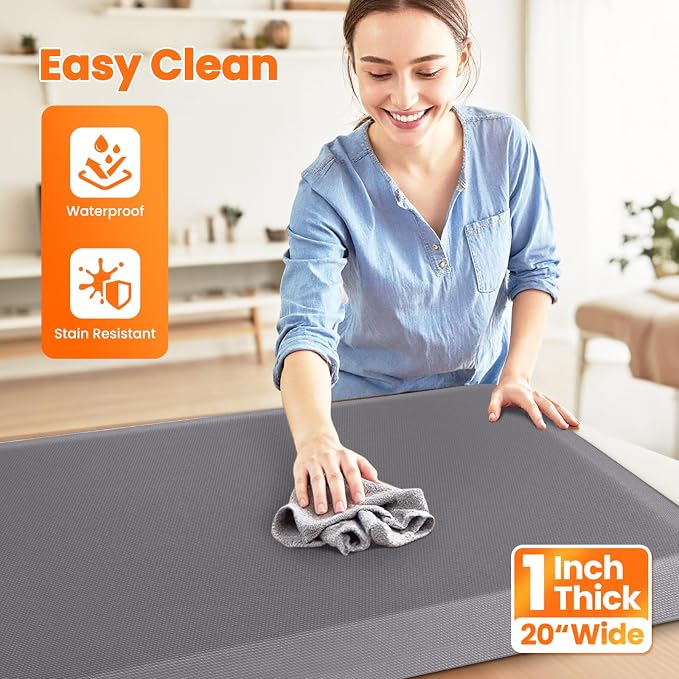 Kitchen Mats for Floor, 1 Inch Extra-Thick Kitchen Rugs, Non-Slip & Waterproof Standing Desk Mat, Comfort Anti Fatigue Mats for Kitchen Floor, Home, Sink, Office (20" X 72", Grey)