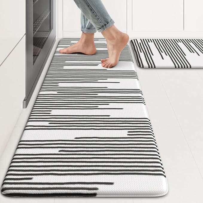 KIMODE Anti Fatigue Mats for Kitchen Floor,Farmhouse Kitchen Rugs Sets of 2 | 17"x47"+17"x29" Cushioned Kitchen Floor Mat Non Skid,Memory Foam Kitchen Mat for Laundry Office Sink Desk Black Lines Decor