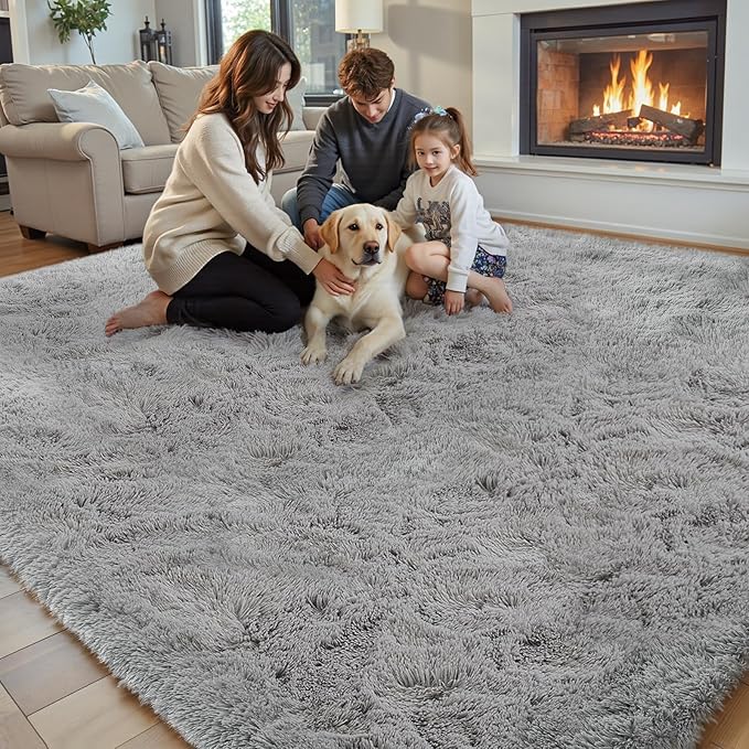 Area Rugs 9x12 Living Room, Large Area Rug Shag Shaggy Carpet Soft Plush Furry Bedside Rug, Machine Washable Area Rugs for Bedroom Kids Girls Boys Home Decor Anti Slip(9 x 12, Light Grey)