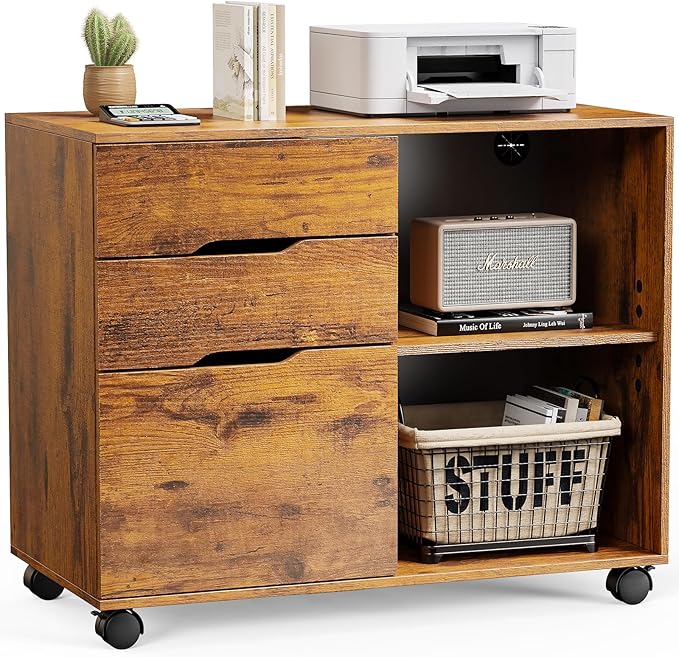 DUMOS Wood File Cabinet with 3 Drawers, Rolling Printer Stand | Under Desk Storage Organizer Home Office Space with Shelves for Files and Office Supplies, Rust