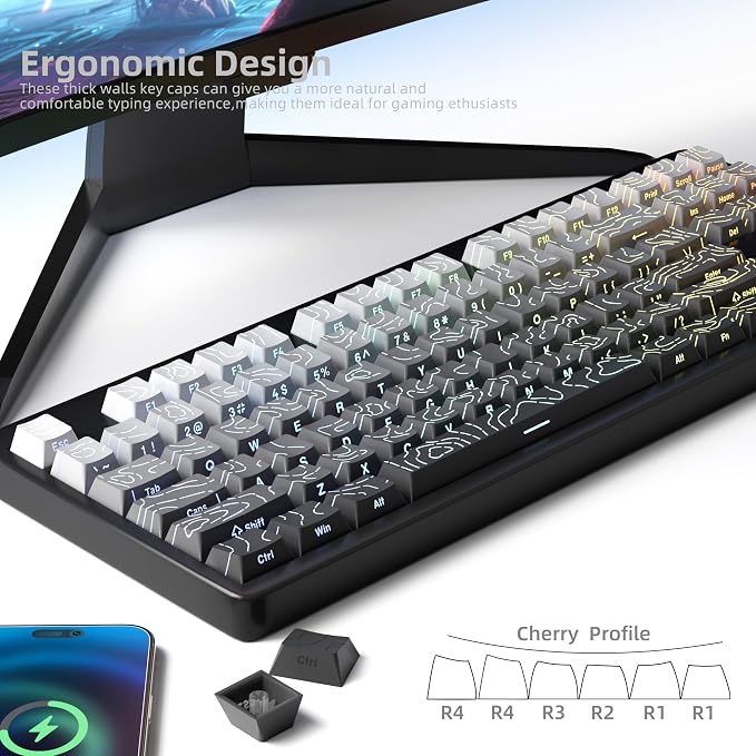 FunHub Shine Through PBT Keycaps - Black Double Shot Side Printed Backlit Keycaps Set 133 Keys 60% 65% 75% 100% Cherry Profile,Gradient Topographic Custom Key Caps for MX Switch Gaming Keyboards