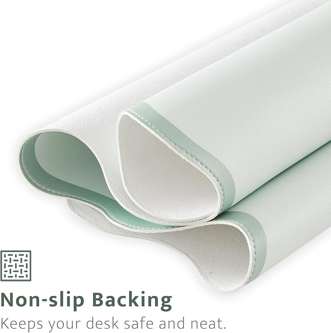 Scalloped Desk Mat, 31.5" x 15.7", PU Leather, Waterproof Anti-Slip, Cute Aesthetic Desk Pad for Office/Home/Game/Vanity (Sage, 31.5" x 15.7")