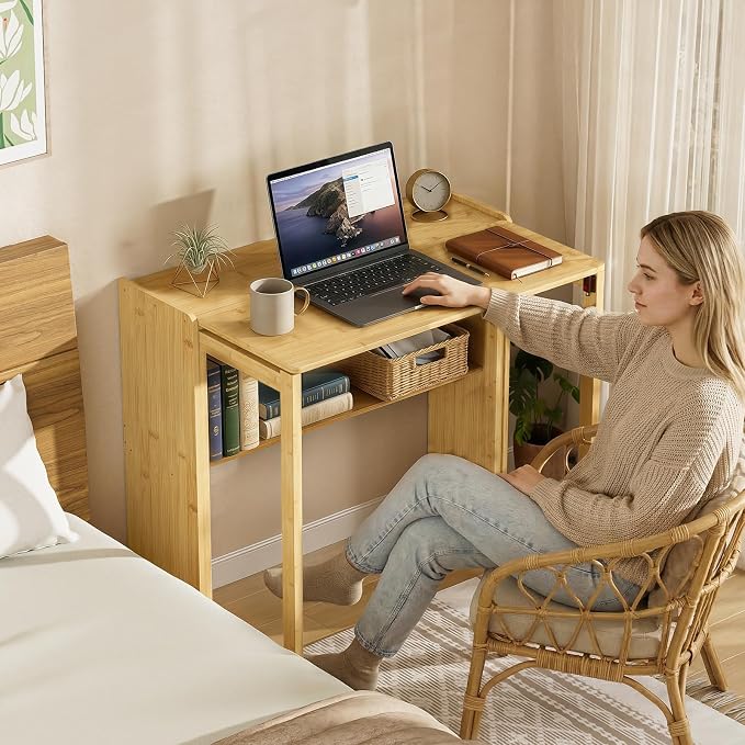 Bamboo Folding Desk for Small Spaces, Mid Century Small Computer Foldable Desk for Bedroom Home Office, Space Saving Sofa Table for Couch, Writing Work Office Desk,Natural