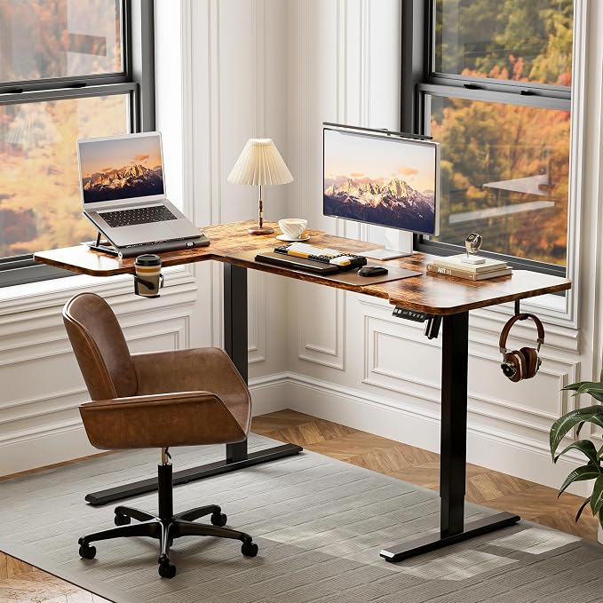 Acrolix L Shaped Electric Standing Desk - 43x31.5 Inch Reversible Corner Sit Stand Desk with Hook&Cup Holder,Electric Height Adjustable Table,for Small Home Office&Bedroom Computer Desk, Rustic Brown