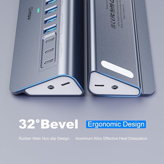 YH9AC Powered USB Hub 10Gbps, intpw 12-Port USB Splitter with USB A/USB C 3.2, 4 USB 3.0, 2 PD 45W Charging Ports, 65W Power Adapter + 3.3FT Cable, Aluminum USB Extender Hub for Laptop/PC/iPhone 16/15