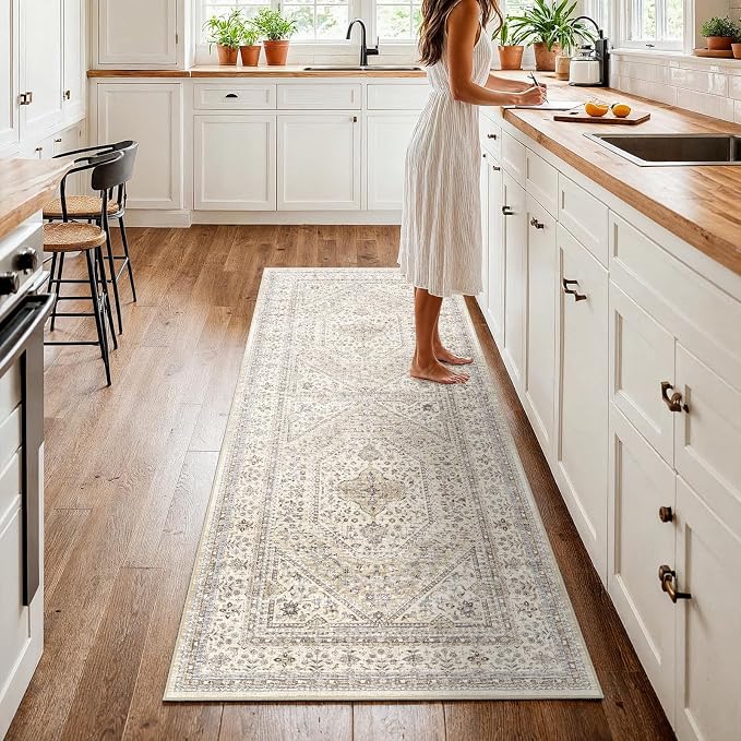 3x7 Runner Rug for Hallway Washable: Non Slip Kitchen Rugs with Rubber Backing Soft Waterproof Wide Mats Stain Resistant Low Pile Carpet for Entryway Bedroom Bathroom Laundry Home Decor Beige/Gray