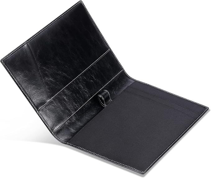HISCOW Slim Leather Junior Padfolio, 5x8 Notepad Cover, Antiqued Black | Full-grain buffalo leather, top-loading legal pad holder, rigid pen loop, quick-access card slot, zipperless boardroom design