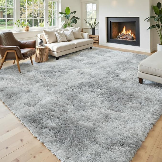 Area Rugs 9x12 Living Room,Large Area Rug Shaggy Carpet Soft Plush Furry Bedside Rug, Machine Washable Area Rugs for Bedroom Home Decor Non-Slip(9 x 12, Light Grey Tie-Dyed)