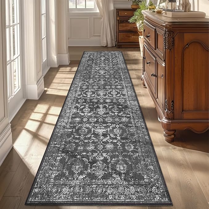 3x10 Black Runner Rug Hallway Washable Area Rugs Kitchen Vintage Boho Non Slip Long Rug Floral Carpet Indoor Retro Soft Low Pile Throw Rug for Bedroom Bathroom Laundry Dining Living Room Office