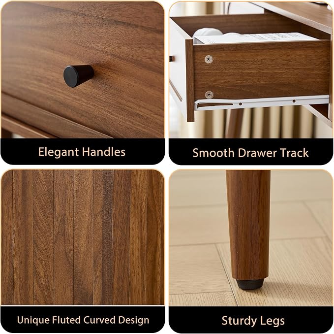 AVZEAR 59" Oval Fluted Home Office Computer Desk Wood Writing Desk, Wlanut | Mid Century Modern Writing Desk with 2 Drawers + 2 Flip Storage, Farmhouse Vanity Table Executive Deskfor Study, Living Room