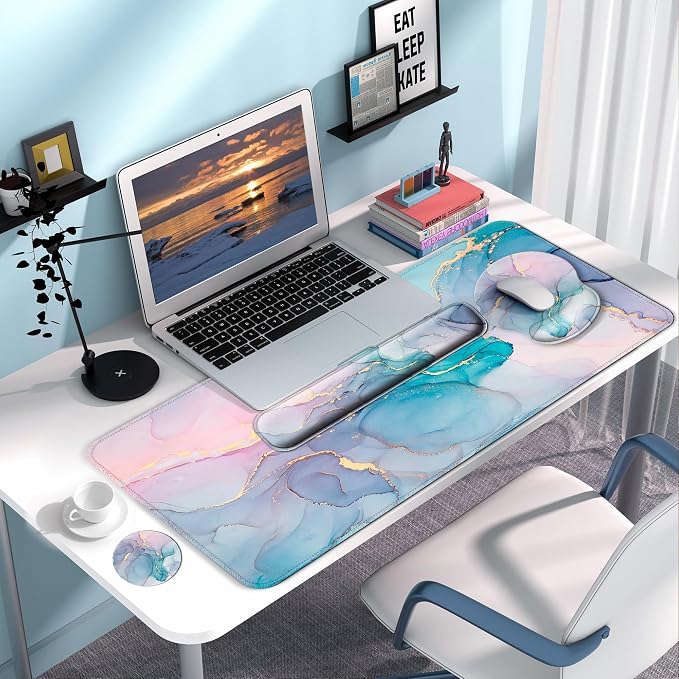 Desk Mat Set + Keyboard and Mouse Pad with Wrist Rest Support,4-in-1 Large Mousepad Computer Mats for Desktop Home & Office-Golden Blue Marble