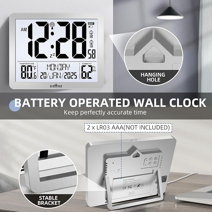 Digital Wall Clock Battery Operated with Backlight, Atomic Alarm Clocks with Indoor Temperature & Humidity for Bedrooms, Office, 8.5" Small Desk Clock with Large Display for Seniors, Auto DST, Sliver