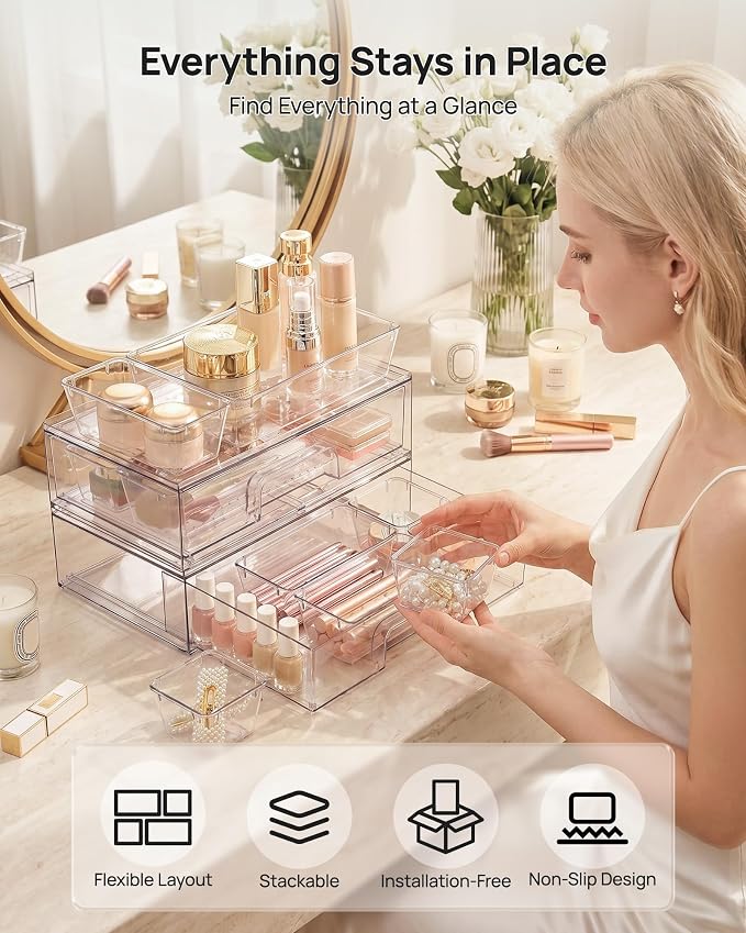 Vtopmart 12-Pack Clear Makeup Organizer Set with Drawer Organizer Bins | 2 Pack Stackable Storage Drawers & 10 Pack Drawer Organizer for Vanity Cosmetic, Bathroom Countertop, Desk