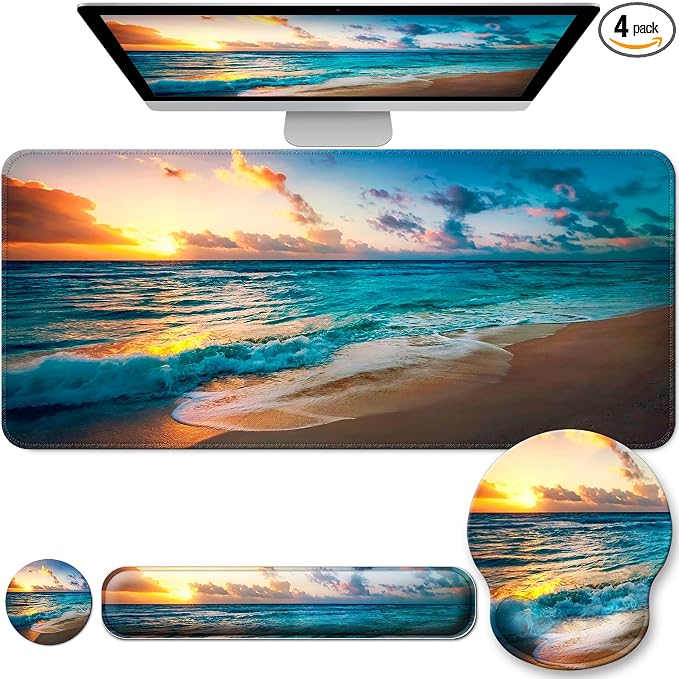 Desk Mat Set + Keyboard and Mouse Pad with Wrist Rest Support,4-in-1 Large Mousepad Computer Mats for Desktop Home & Office-Sunset Sea