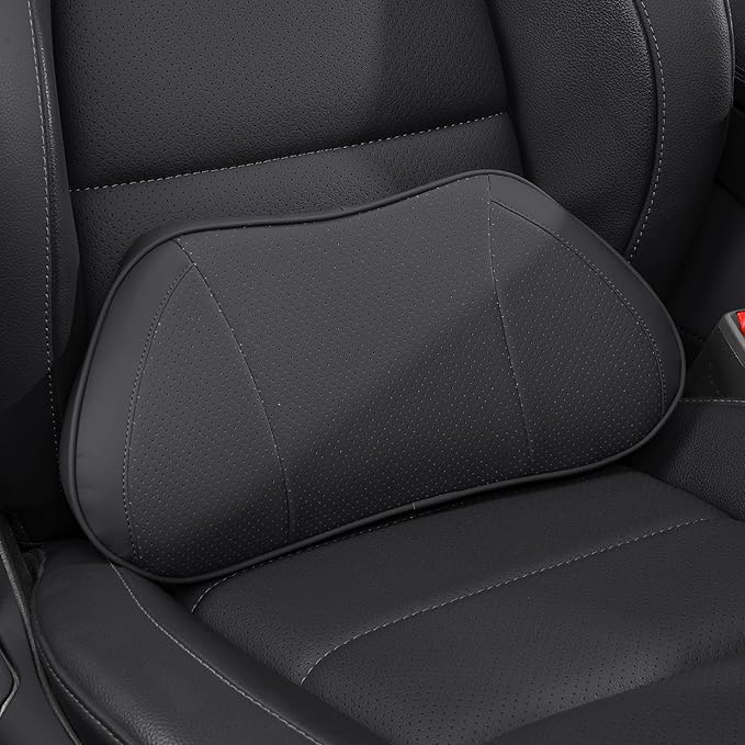 Car Lumbar Support Pillow for Driving Seat, Black, 1 Pack | Leather Memory Foam Lumbar Cushion for Lower Back Pain Relief, Universal Back Support for Driving, Home & Office Chairs