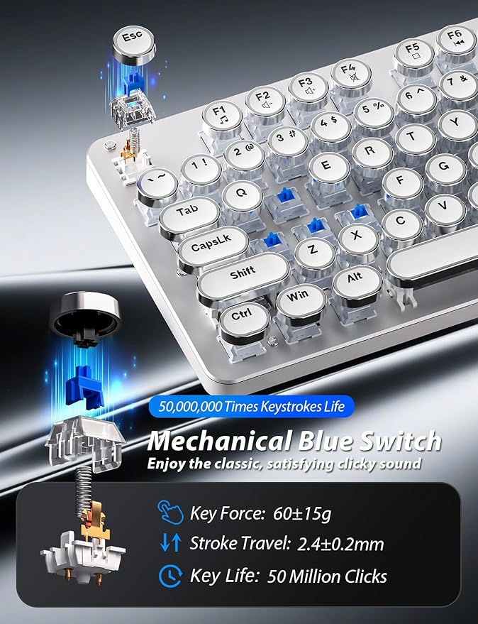 Typewriter Mechanical Gaming Keyboard and Mouse, Metal Panel Retro Keyboards with Round Keycap Blue Switch, Rainbow LED Backlit 104-Key Anti-Ghost Wired Mouse and Pad Combo for PC Laptop Mac Gamer
