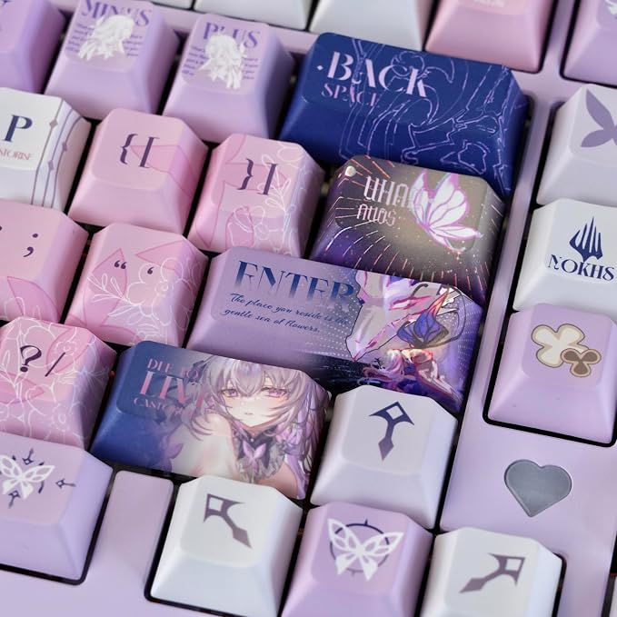 PBT Custom Keycaps 130 Keys, Japanese Anime Purple Keycaps Cherry Profile Dye Sublimation Keycap, Manga Style Key Cap Set for 60% 65% 75% TKL 100% Mechanical Keyboard
