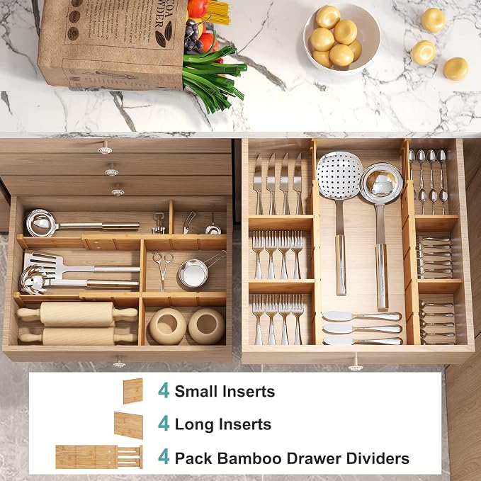 4.4" High Bamboo Drawer Dividers with Inserts, Kitchen Adjustable Drawer Organizers, Expandable Organization for Home, Office, Dressers, and Bathroom, 4 Divider with 8 Insert