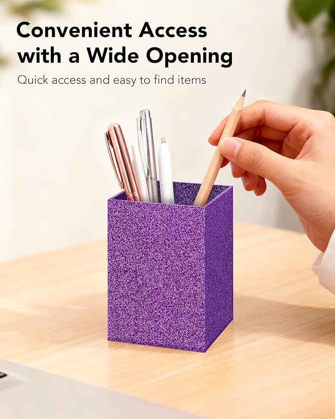 Acrylic Pen Holder Desk Organizer for Office, Purple Glitter | Sparkling glitter acrylic makeup brush and pencil holder for desk, Modern desktop organizer for home, school and office