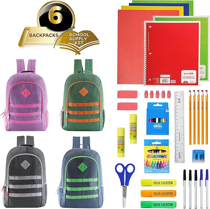 6-Pack 19” Sport Backpacks with 52 Piece School Supplies Kits - Pens, Pencils, Crayons – Bulk Bundle for Elementary, Middle, and High School Students, 6 Assorted Styles