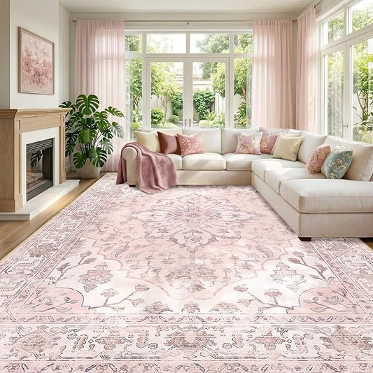 RELEANY Area Rugs Large 10'x12' Washable Non-Slip, Floral Vintage Distress Medallion Carpet for Living Room Bedroom Dining Room, Pink Greypink Cute