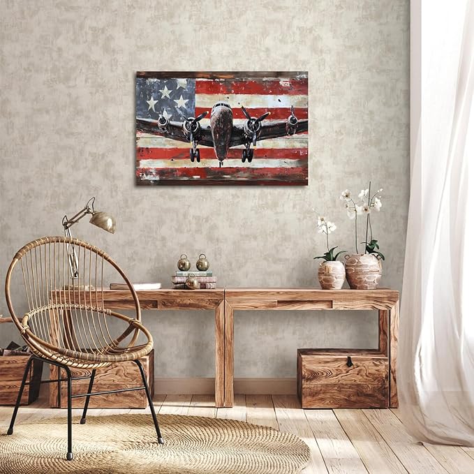 Airplane Wall Art Aviation Decor for Men Office Living Room Home Decorations Vintage Airplane Propeller Wall Decor Retro American Flag Poster Kids Boys Military Fighter Canvas Pictures Artwork 20x30"