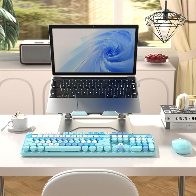 MPTOG Colorful Wireless Computer Keyboard and Mouse Combo with Round Typewriter Keycaps, Retro Design, Power Switch, Ergonomic Design, 2.4GHz Wireless for Windows, Mac, PC (Blue-Colorful)