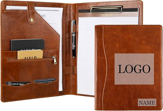 DUKE&COW Personalized Leather Portfolio for Men, Engraved Clipboard Binder, Custom Resume Padfolio Women, Christmas Gift His/Her (Clipboard, Shiny Brown-Custom)