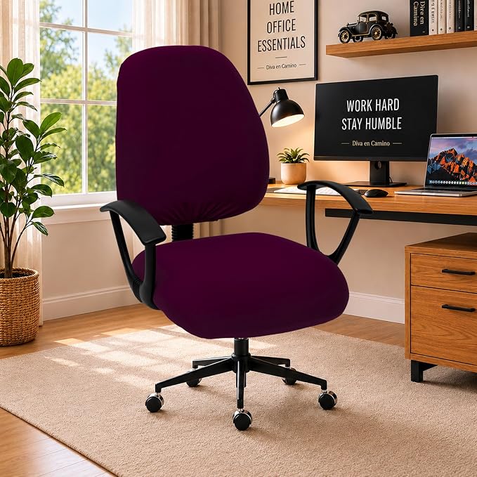 Stretchable Desk Office Chair Seat Covers - Universal Spandex Computer Chair Slipcover - Removable Washable Rotating Backrest Coverings & Cushion Protectors for Dogs, Cats, Pets, Plum