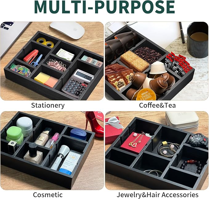 Wooden Desk Drawer Organizer | 9-Slot Desktop Tray | Adjustable Drawer Storage Box for Pens, Keys, Watch, Sticky Notes | Farmhouse Home&Office Decor