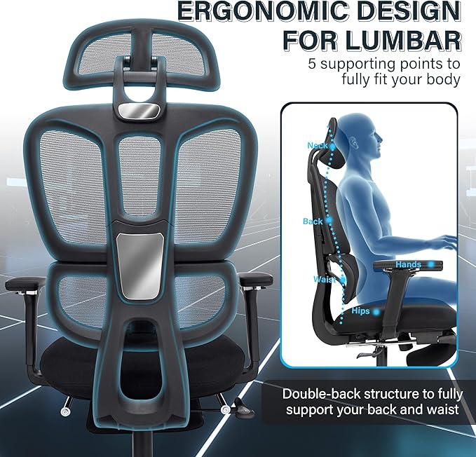 Ergonomic Office Chair with Retractable Footrest, Black | High Back Design, Dynamic Lumbar Support, 2D Headrest & 4D Armrests, Breathable Mesh Back for Home Office