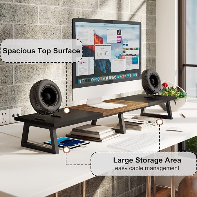 TEAMIX 42 inch Large Dual Monitor Riser, Desk Organizer Stand for TV Laptop | Extra Long Computer Stand Shelf, Wood & Steel TV Riser, Holds 300lbs, Keyboard & PS5 Storage Below, For Home Office & Gaming