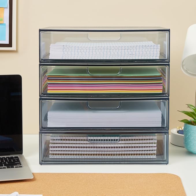 STORi STAX Plastic Stackable Organizer Drawers (Set of 2) Classic Grey | 12.5" Wide | Set Includes Two Open Drawer | Organize Office Desk Accessories & Sort Paper | Made in USA