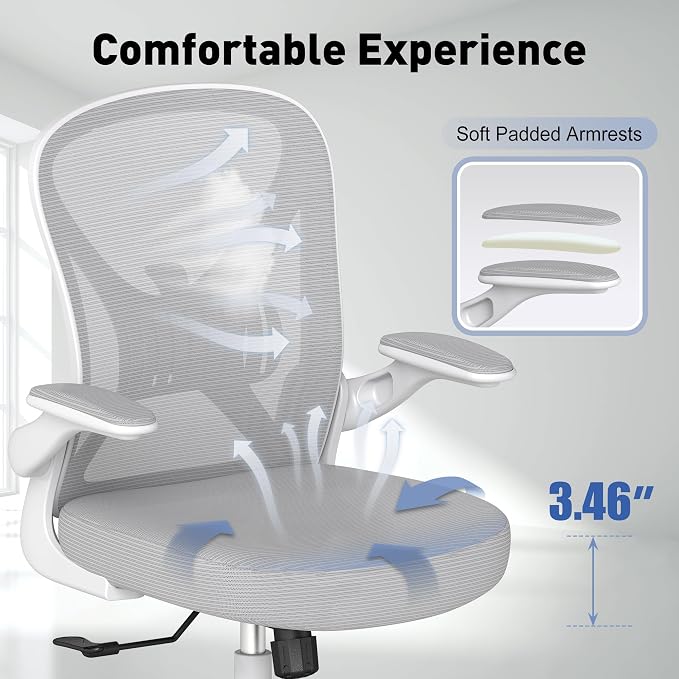 Ergonomic Office Chair with Adjustable Lumbar Support, 300 lbs Swivel Desk Chair with Flip-Up Arms, Mesh Comfy Padded Seat for Computer and Home, Grey