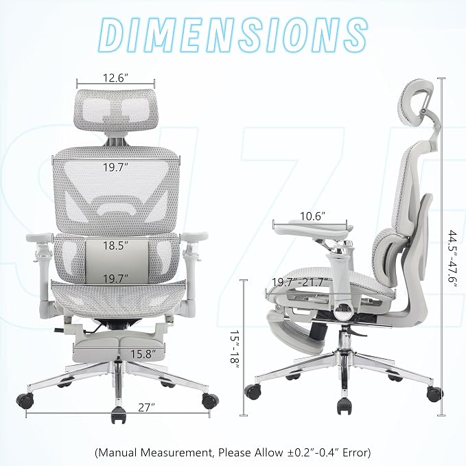 Ergonomic Office Chair with Footrest, High Back Mesh Computer Chair with Lumbar Support, 5-Level Backrest Height, 6D Flip-Up Arms for Home & Gaming Desk (Gray Mesh 3-Zone Lumbar Support+6d Armrest)