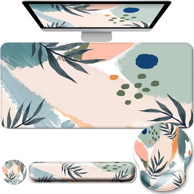 Desk Mat Set + Keyboard and Mouse Pad with Wrist Rest Support,4-in-1 Large Mousepad Computer Mats for Desktop Home & Office-Leaves 2
