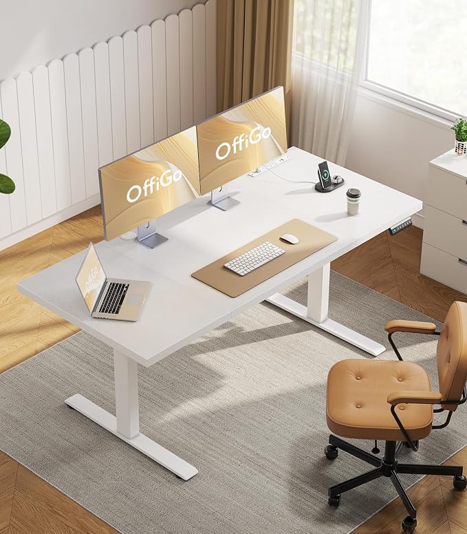 OffiGo 71 Inch Executive Electric Standing Desk Height Adjustable, White | 1.38" Thick 3-Panel Desktop, Power Outlets, 3 Memory Presets, Dual-Beam Frame for Home Office, Workstation, Conference Room