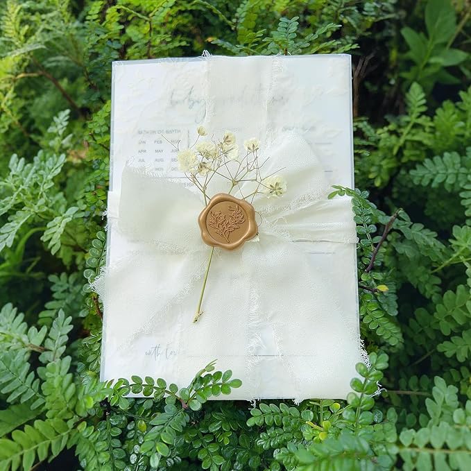 Wedding Invitation Accessories Kit, Pre-Folded Vellum Jackets for 5×7 Invitations with Wax Seal Stickers, Ribbon & Dried Flowers, Elegant Wedding Invitation Accessories for DIY Bridal Invites (White-Rose, 50)