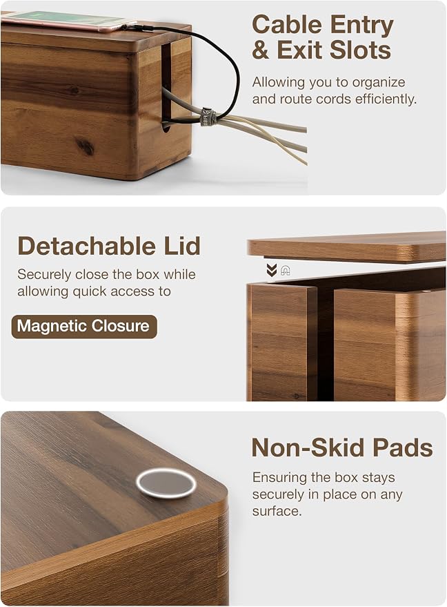 TIDITA 16" L Wooden Large Cable Management Box Round Edge (Walnut Color) | 2 Cable Entry Slots, Magnetic Lid, Non-Skid Pads, Solid Acacia Wood, Wooden Power Strip Box, Surge Protector Box